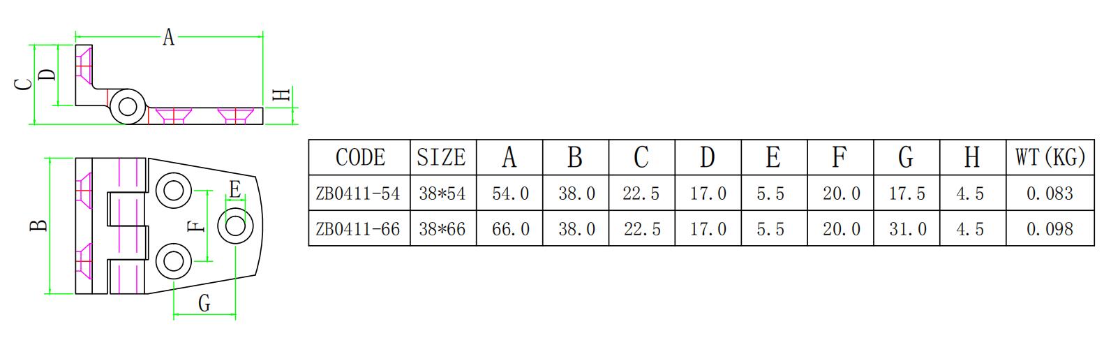 ZB0411 直角五孔合页-尺寸简图