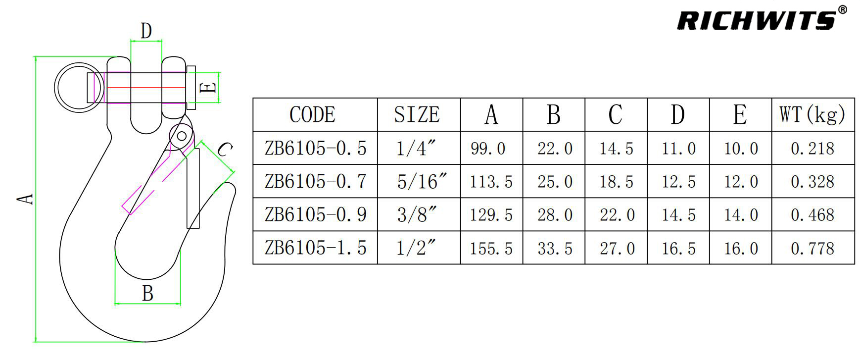ZB6105羊角滑钩-尺寸简图
