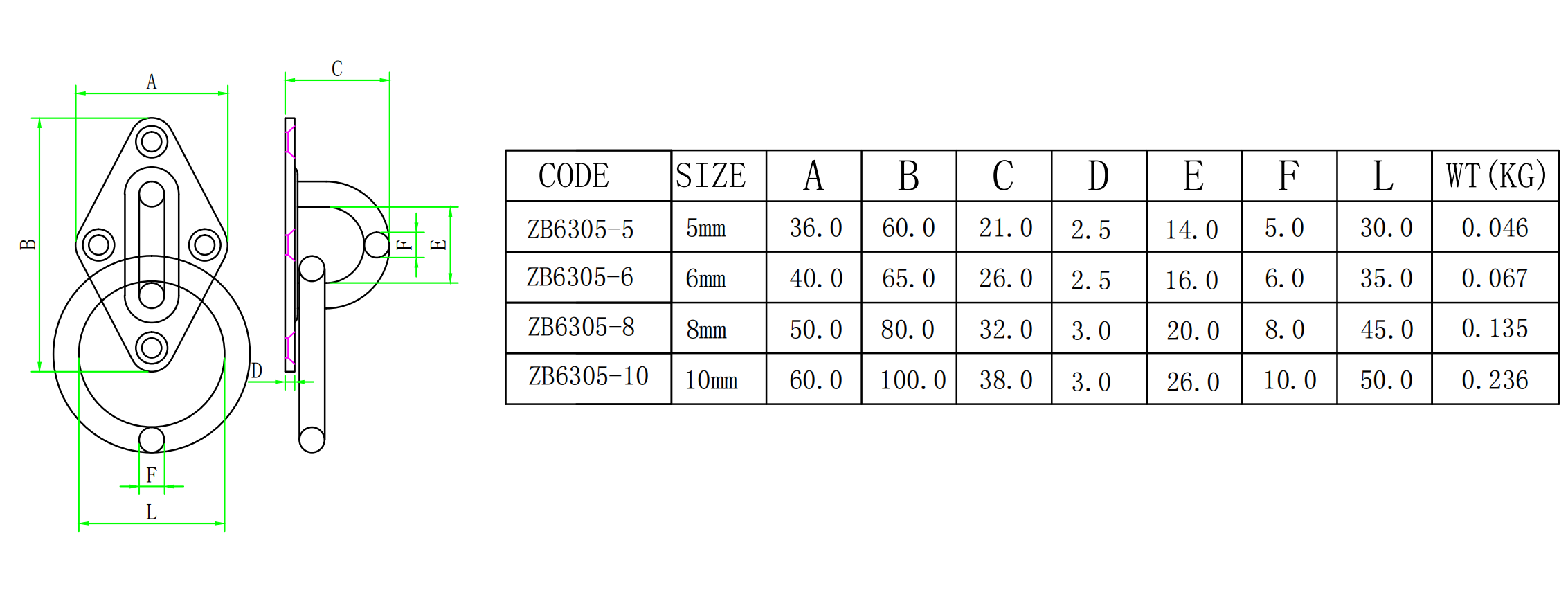 ZB6305带环菱形门扣-尺寸简图