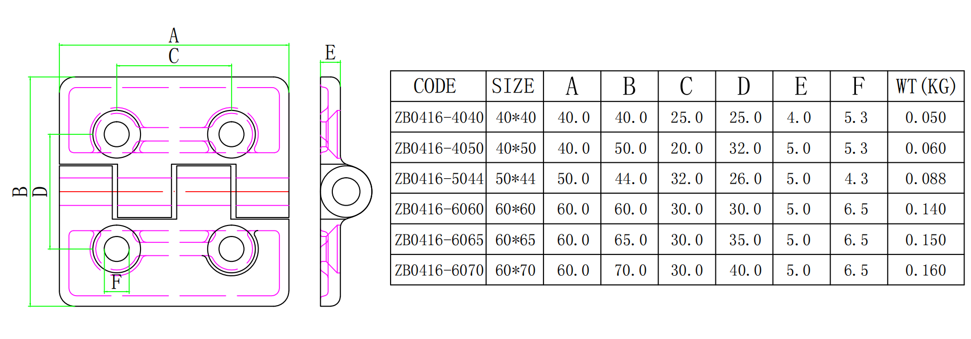ZB0416钢垫圆四孔合页-尺寸简图