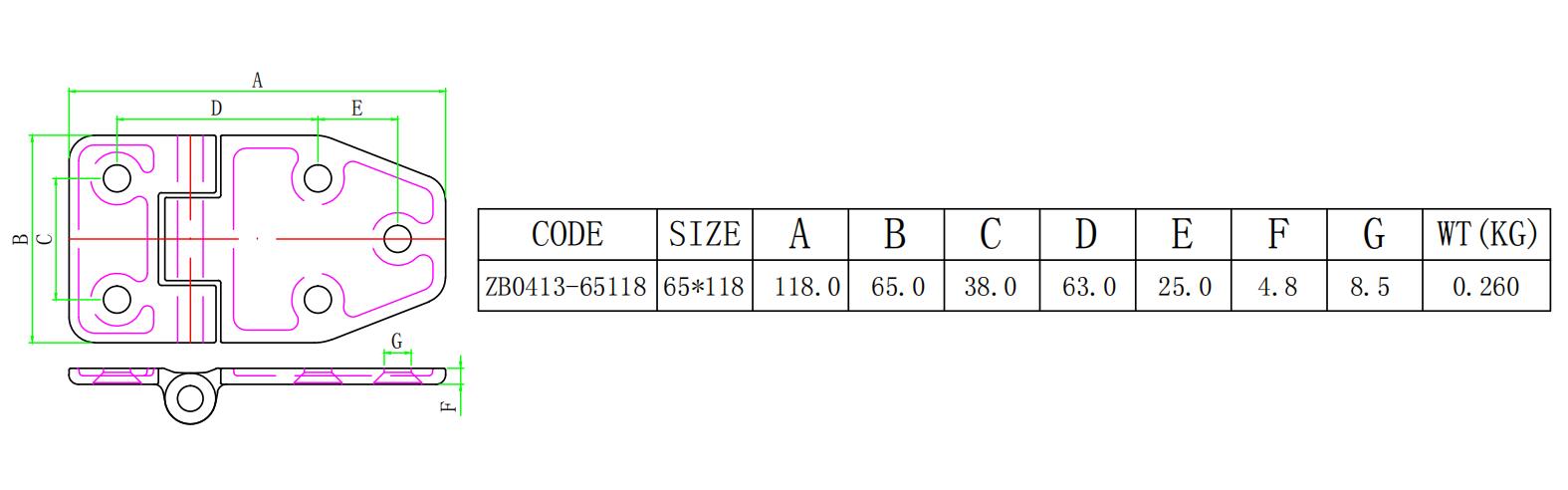 ZB0413-65118 413五孔合页-尺寸图