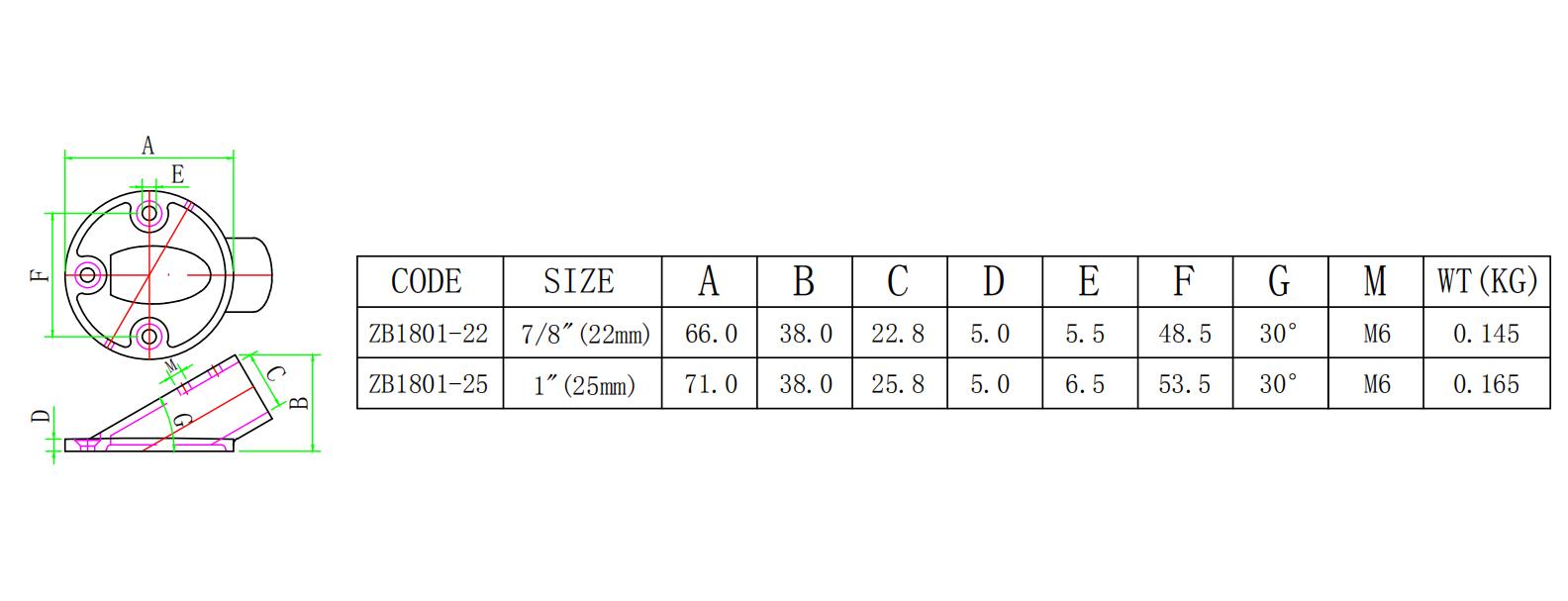 ZB1801 30度圆管座-尺寸图