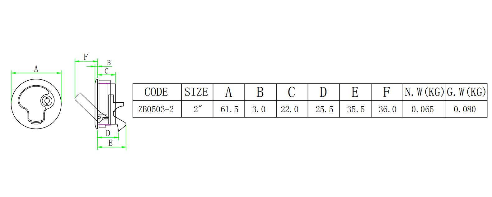 ZB0503 带钥匙塑料圆锁-尺寸图